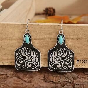 #131 | Engraved Cattle Ear Tag Dangle Earrings, Black Inlay, Silver Plated